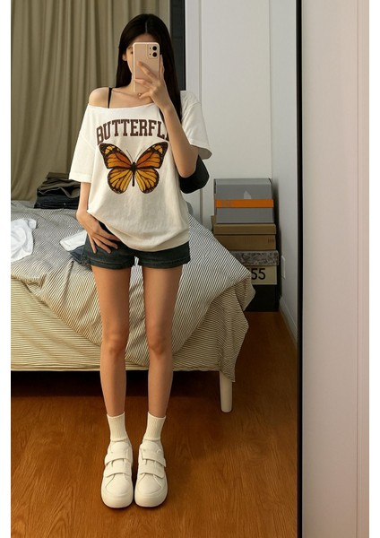 Kadın Kayık Yaka Butterfly Baskılı Oversize %100 Pamuk T-Shirt