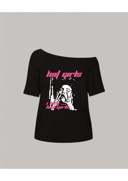 Kadın Kayık Yaka Hot Gırls Baskılı Oversize %100 Pamuk T-Shirt