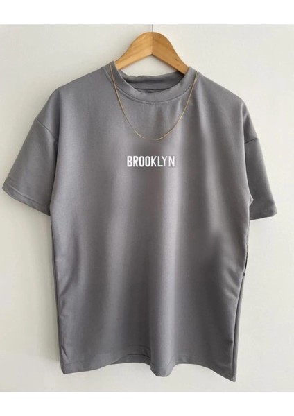 Kids Gri Brooklyn Baskılı Oversize Çocuk T-Shirt
