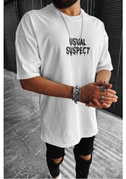 Erkek Usual Suspect Yazı Baskılı Uzun Oversize T-Shirt Beyaz fiyatları