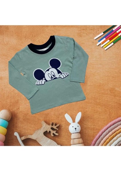 Kids Lacivert Mickey Baskılı Su Yeşili Bisiklet Y. Baharlık Ince Uzun Kolu %100 Pamuk Çocuk T-Shirt