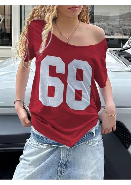Kadın Düşük Omuz Kayık Yaka 68 Baskılı T-Shirt fiyatları