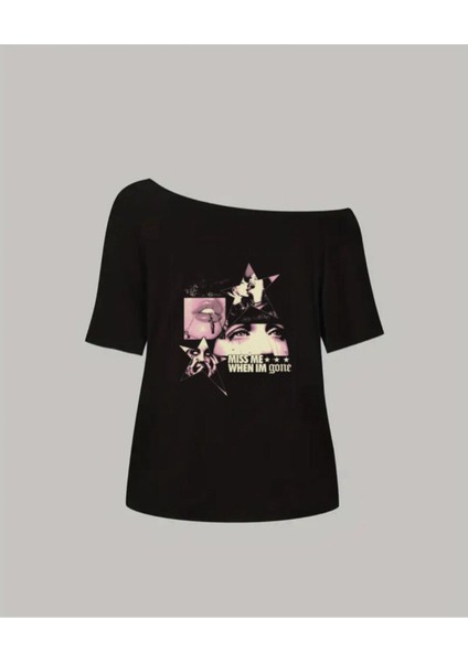 Kadın Kayık Yaka Miss Me Baskılı Oversize %100 Pamuk T-Shirt