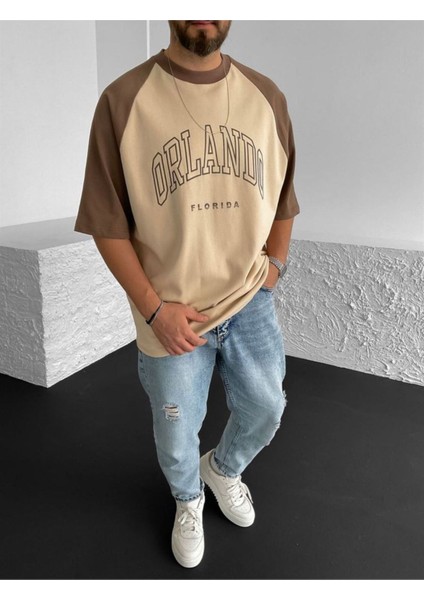 Orlando Florida Baskılı Bej Oversize T-Shirt