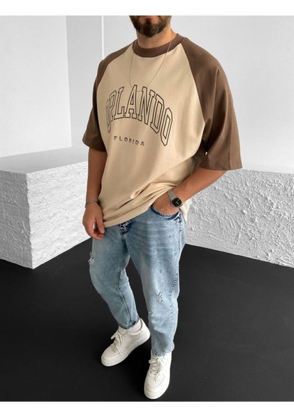 Orlando Florida Baskılı Bej Oversize T-Shirt modelleri