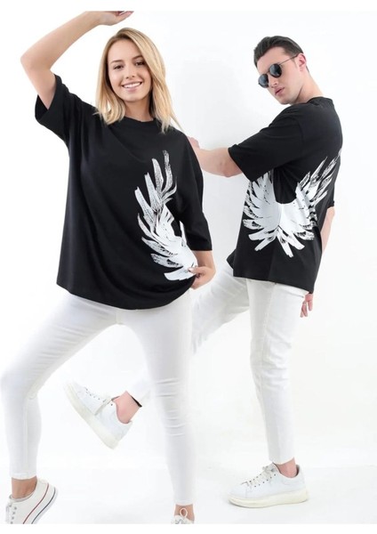 Büyük Beden Kanat Baskılı Oversize Pamuklu Unisex T-Shirt (Adet Fiyattır)