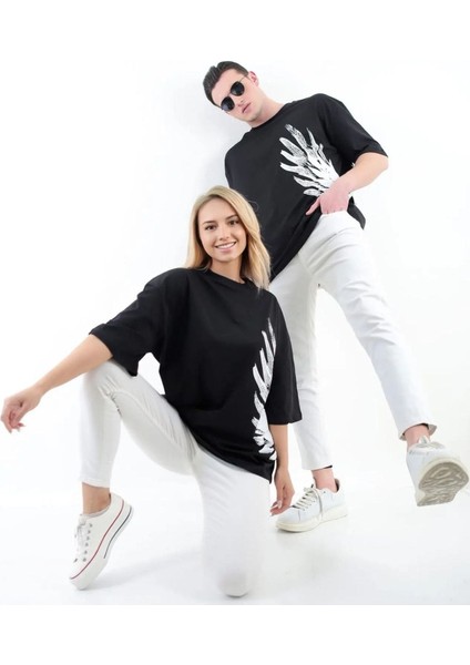Büyük Beden Kanat Baskılı Oversize Pamuklu Unisex T-Shirt (Adet Fiyattır)