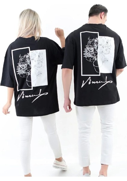 Imza ve Çiçek Baskılı Oversize Pamuklu Unisex T-Shirt