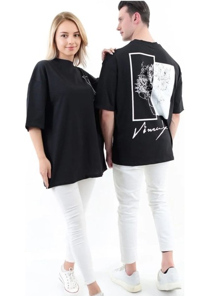 Imza ve Çiçek Baskılı Oversize Pamuklu Unisex T-Shirt fiyatları