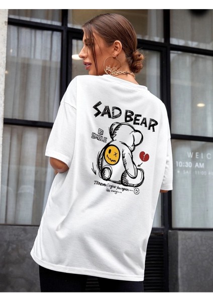 Büyük Beden Sad Bearbaskılı Oversize Pamuklu Unisex T-Shirt