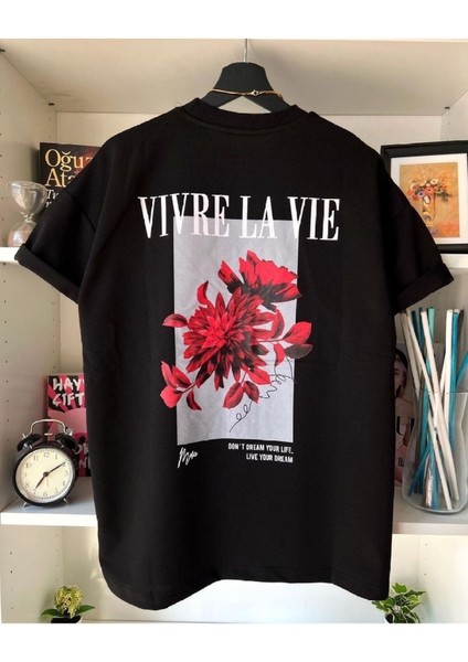 Büyük Beden Vivre La Vie( Hayatı Yaşa ) Tasarım Baskılı Oversize Pamuklu Penye T-Shirt