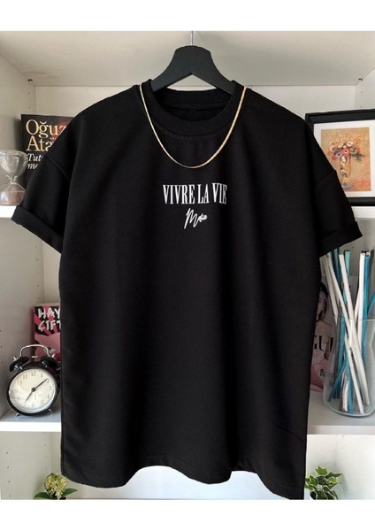Büyük Beden Vivre La Vie( Hayatı Yaşa ) Tasarım Baskılı Oversize Pamuklu Penye T-Shirt fiyatları