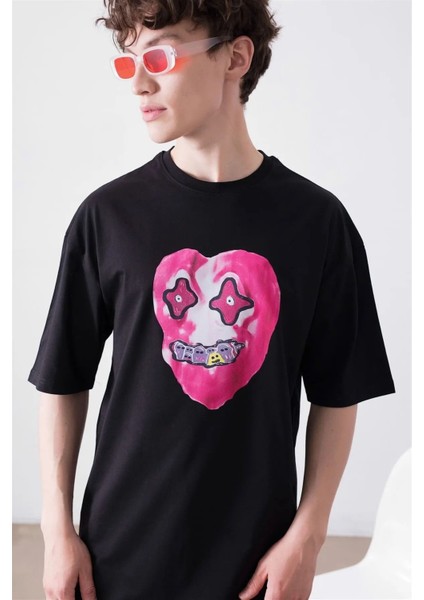 Hayalet Yüz(Kalp) Baskılı Pamuk Oversize Bisiklet Yaka T-Shirt