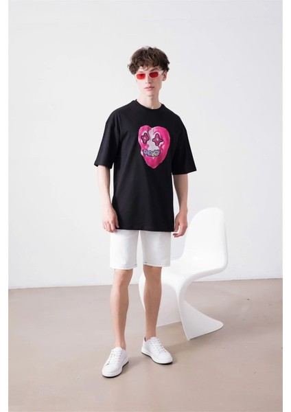 Hayalet Yüz(Kalp) Baskılı Pamuk Oversize Bisiklet Yaka T-Shirt modelleri