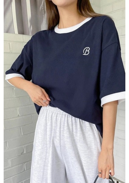 Büyük Beden Kadın Lacivert 'b' Bakılı Oversize Pamuk T-Shirt