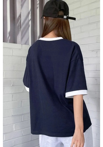 Büyük Beden Kadın Lacivert 'b' Bakılı Oversize Pamuk T-Shirt fiyatları