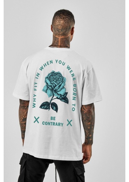 Oversize Be Contrary Baskılı Beyaz T-Shirt.