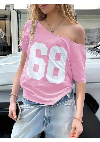 Kadın Düşük Omuz Kayık Yaka 68 Baskılı T-Shirt fiyatları