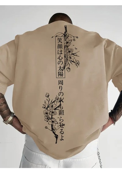 Unisex Japonca Yazı Baskılı Oversize T-Shirt