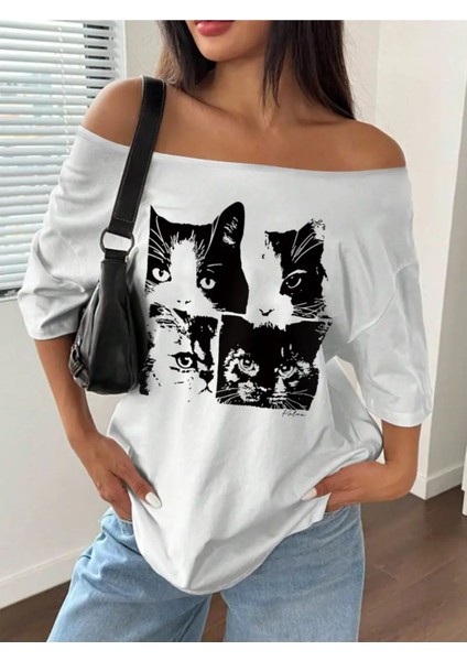 Kadın Düşük Omuz Kayık Yaka Baskılı T-Shirt