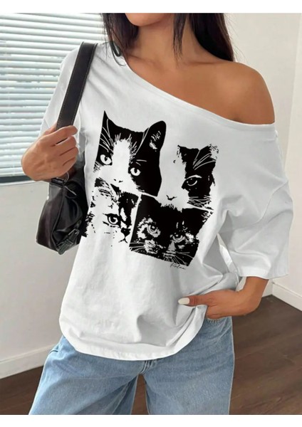 Kadın Düşük Omuz Kayık Yaka Baskılı T-Shirt fiyatları