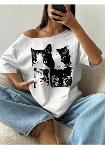 Kadın Düşük Omuz Kayık Yaka Baskılı T-Shirt modelleri