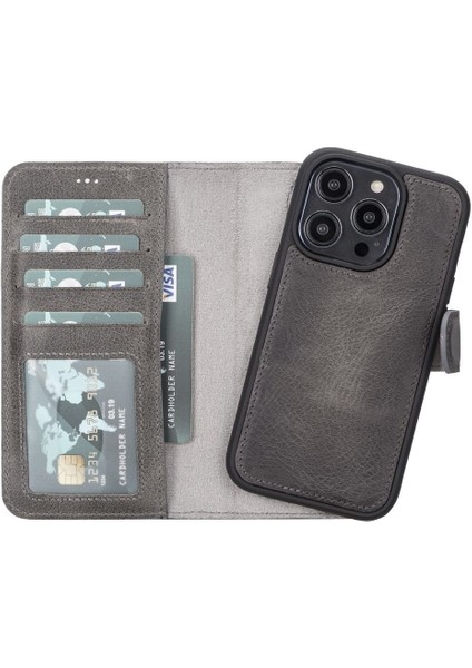 Mulvxurg URG02 Apple Iphone 14 Pro Uyumlu Deri Cüzdanlı Kılıf Mwwn VS4EF Gri (Mulvix)