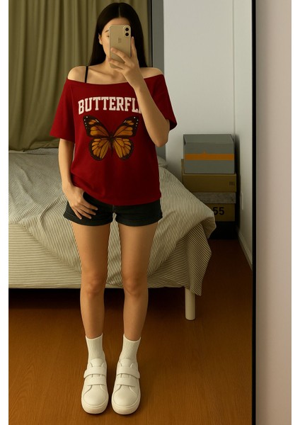 Kadın Kayık Yaka Butterfly Baskılı Oversize %100 Pamuk T-Shirt