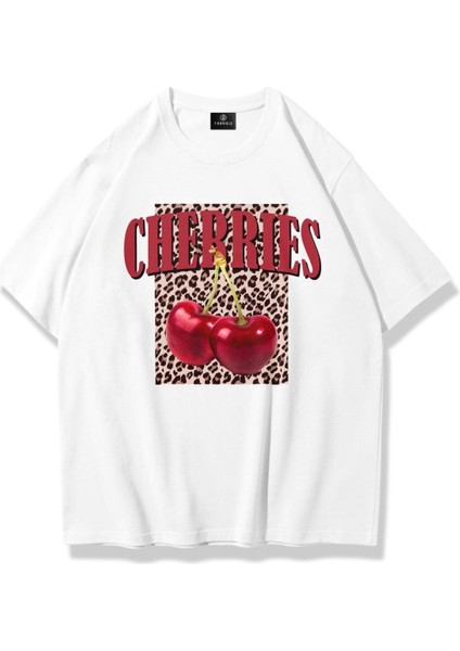 Kadın Cherries Leopar Tshirt Beyaz