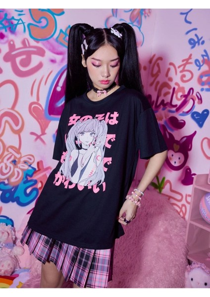 Büyük Beden Anime Karakter Baskılı Siyah Unisex Oversize T-Shirt fırsatları