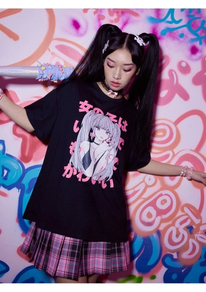 Büyük Beden Anime Karakter Baskılı Siyah Unisex Oversize T-Shirt indirimleri