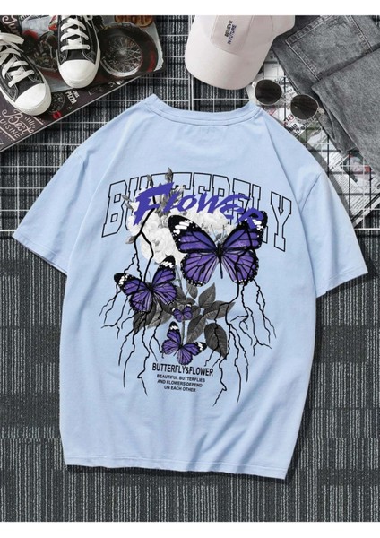 Büyük Beden Flower & Butterfly Çiçek & Kelebek Baskılı Oversize T-Shirt