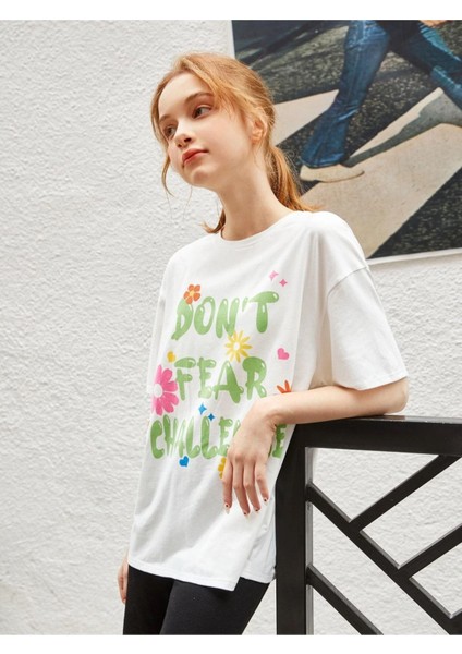 Kids Yeşil Yazılı Meydan Okuma Baskılı Oversize Beyaz Kız Çocuk T-Shirt modelleri