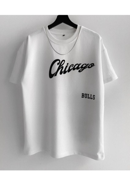 Erkek Beyaz Bulls Baskılı Oversize Bisiklet Yaka T-Shirt