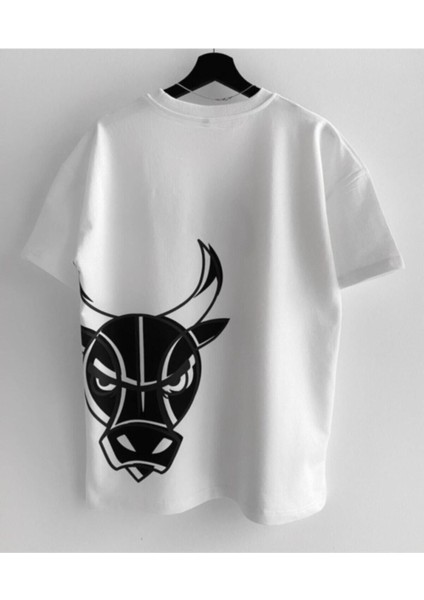 Erkek Beyaz Bulls Baskılı Oversize Bisiklet Yaka T-Shirt fiyatları