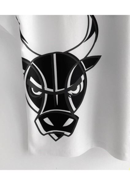 Erkek Beyaz Bulls Baskılı Oversize Bisiklet Yaka T-Shirt modelleri