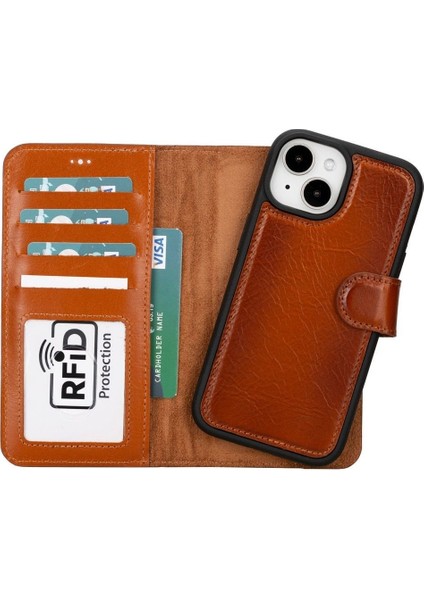 Mulvxurg URG02 Apple Iphone 15 Plus Uyumlu Deri Cüzdanlı Kılıf Mwwn RST2EF Taba (Mulvix)