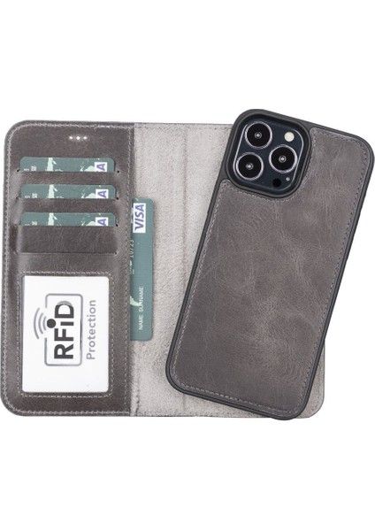 Mulvxurg URG02 Apple Iphone 13 Pro Max Uyumlu Deri Cüzdanlı Kılıf Mwwn Tn1 Gri (Mulvix)