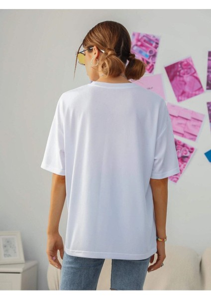 Büyük Beden Pembe California Baskılı Oversize/rahat Kesim Bisiklet Yaka Unisex Örme Beyaz T-Shirt fiyatları