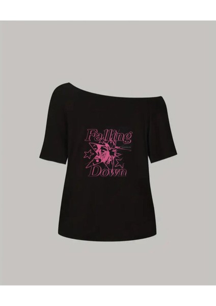 Kadın Kayık Yaka Falling Down Baskılı Oversize %100 Pamuk T-Shirt
