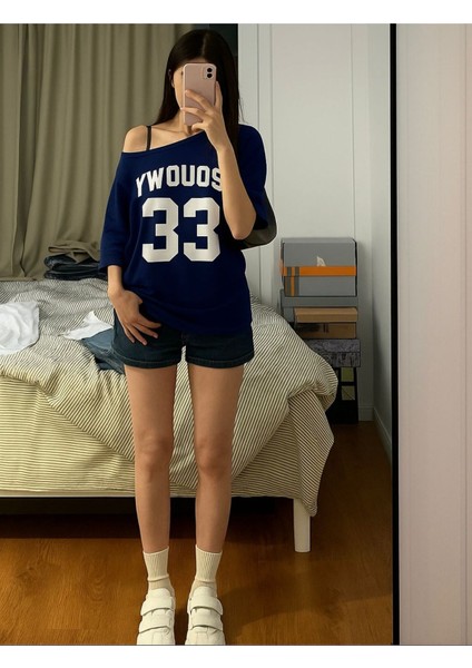 Kadın Kayık Yaka Oywouos Baskılı Oversize %100 Pamuk T-Shirt