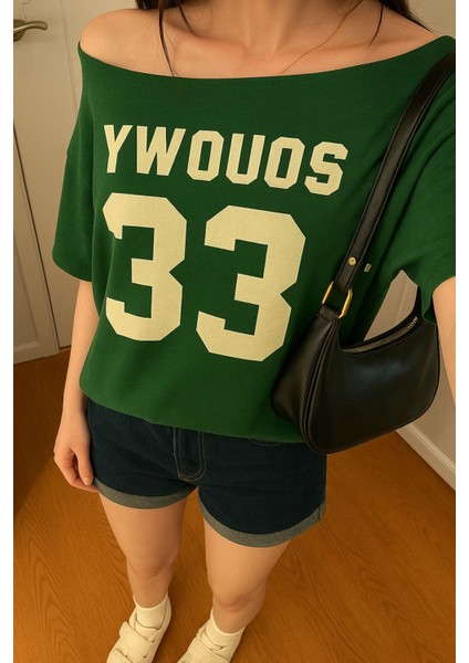 Kadın Düşük Omuz Kayık Yaka Oywouos Baskılı T-Shirt modelleri