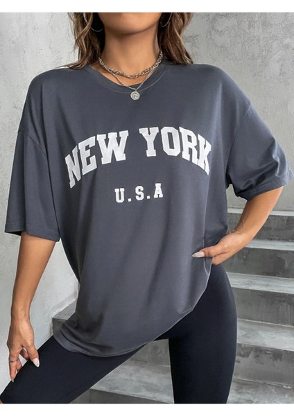 U.s.a Kadın New York Baskılı Oversize T-Shirt fırsatları