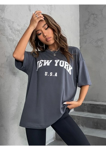 U.s.a Kadın New York Baskılı Oversize T-Shirt indirimleri