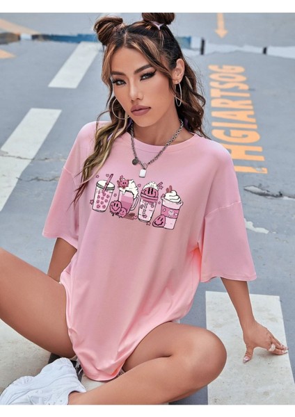 3 Bardak Içecek Basklı Oversize T-Shirt