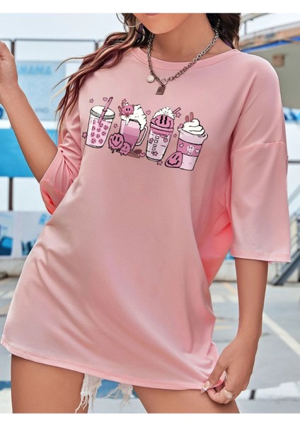 3 Bardak Içecek Basklı Oversize T-Shirt modelleri