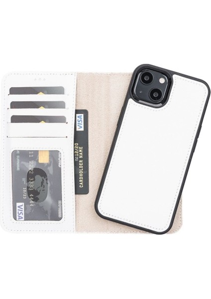 Mulvxurg URG02 Apple Iphone 13 Uyumlu Deri Cüzdanlı Kılıf F3 Beyaz (Mulvix)