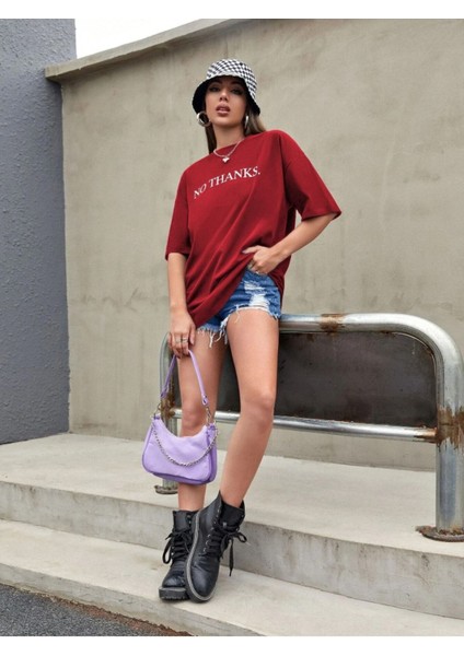 Kırmızı No' Thanks Baskılı Oversize T-Shirt modelleri