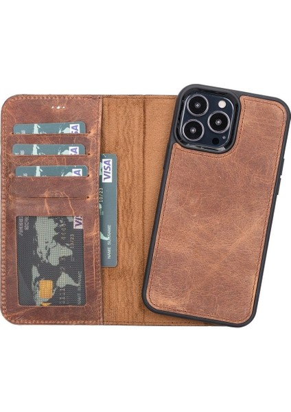 Mulvxurg URG02 Apple Iphone 13 Pro Max Uyumlu Deri Cüzdanlı Kılıf G2 Kahverengi (Mulvix)