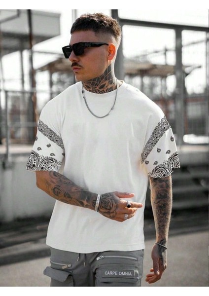 Unisex Kolları Desenli Baskılı Oversize T-Shirt